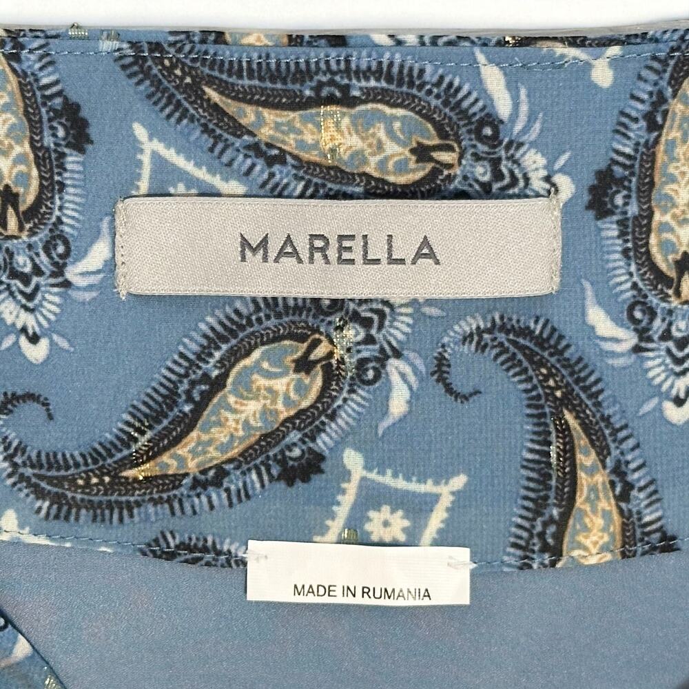 Marella Iser Paisley Print Belted Dress Sz 6 Blue Metallic Boat Neck Half Sleeve - Picture 3 of 8